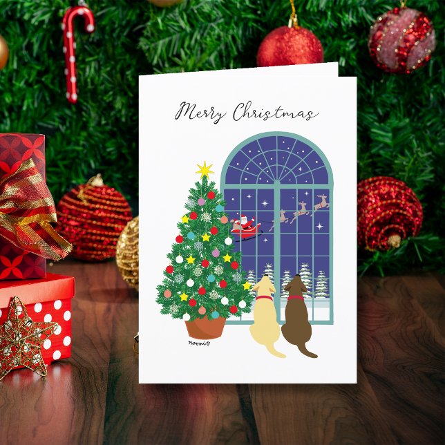 Yellow Lab, Chocolate Lab Magical Night Christmas  Holiday Card (Yellow Lab, Chocolate Lab Magical Night Christmas Cards.  Santa Claus in the sky.  Labrador design.)