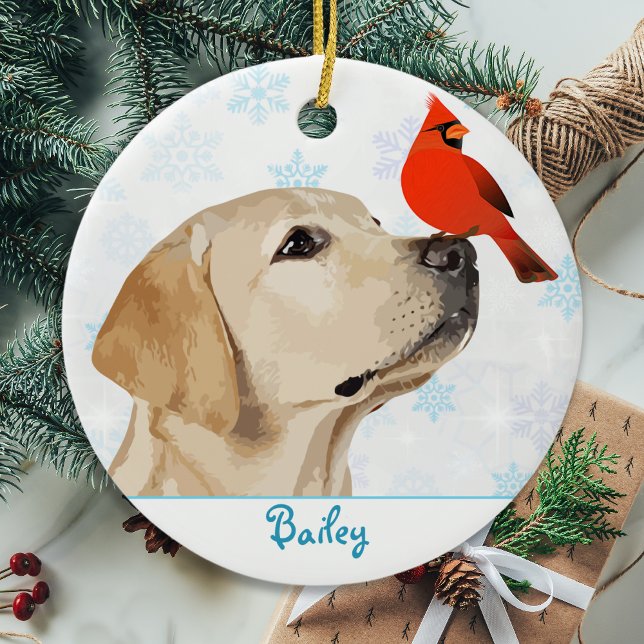 Yellow Lab Christmas Cardinal - Cute Labrador Dog Ceramic Ornament (Creator Uploaded)