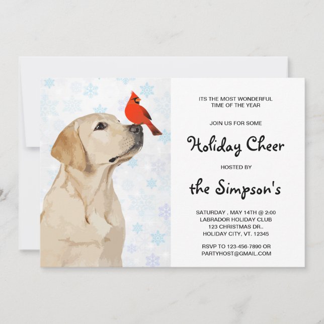 Yellow Lab Christmas Cardinal - Cute Labrador Dog Invitation (Front)