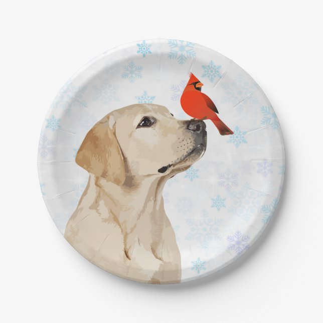 Yellow Lab Christmas Cardinal - Cute Labrador Dog Paper Plate (Front)