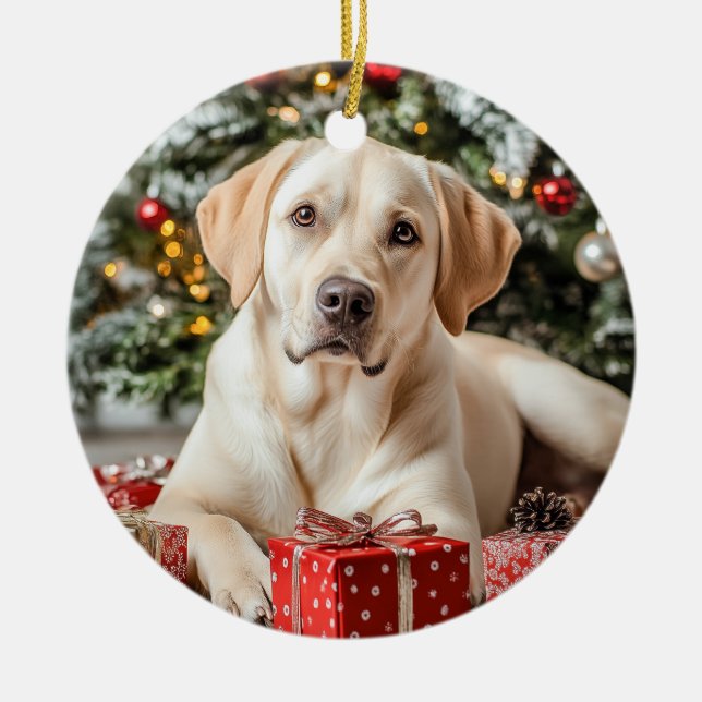 Yellow Lab Christmas Ceramic Ornament (Front)