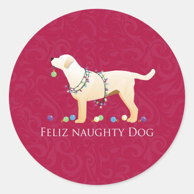 Yellow Lab Christmas Feliz Naughty Dog Classic Round Sticker (Front)