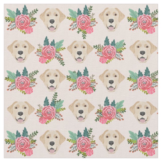 Yellow Lab dog pink florals Fabric (Close Up)