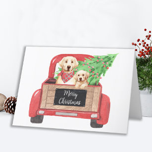Yellow Lab Dog Puppy Vintage Red Truck Christmas Holiday Card