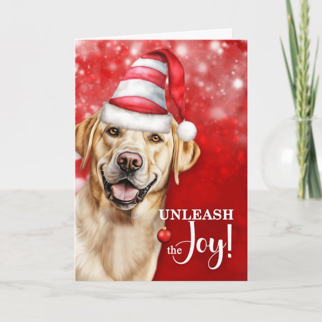 Yellow Lab Dog Unleash the Joy Christmas Holiday Card (Front)
