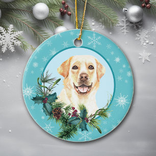 Yellow Lab Evergreen Blue Snowflake Ceramic Ornament