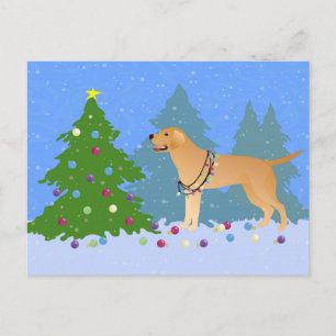 Yellow Lab in the Forest Decorating Christmas Tree Holiday Postcard