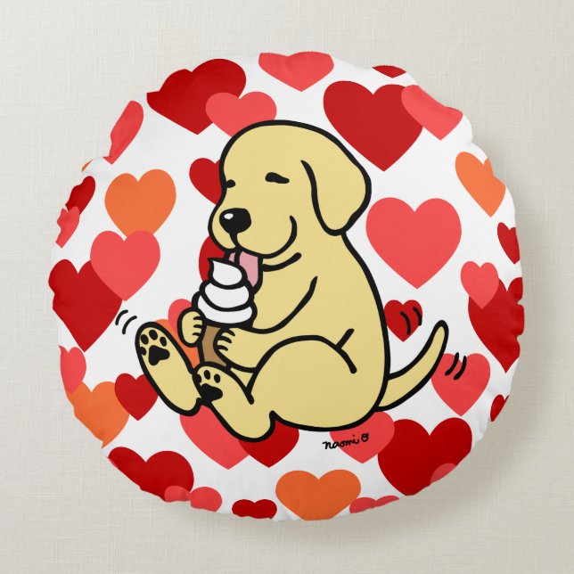 Yellow Lab Licking Ice Cream Hearts Round Cushion (Front)