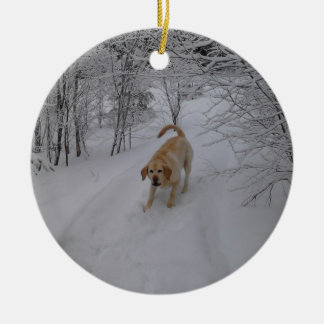 Yellow Lab Playing in Fresh Winter Snow Ceramic Ornament