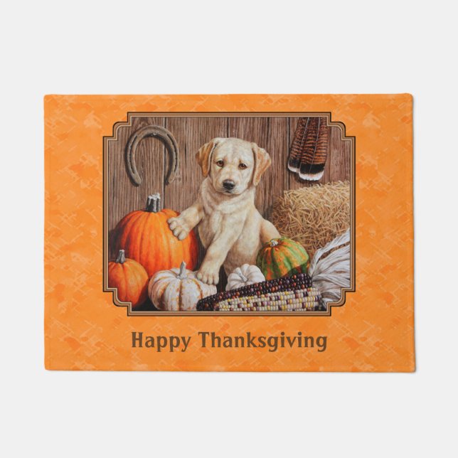 Yellow Lab Pup and Pumpkin Harvest Orange Doormat (Front)