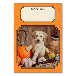 Yellow Lab Pup and Pumpkin Harvest Orange Table Number