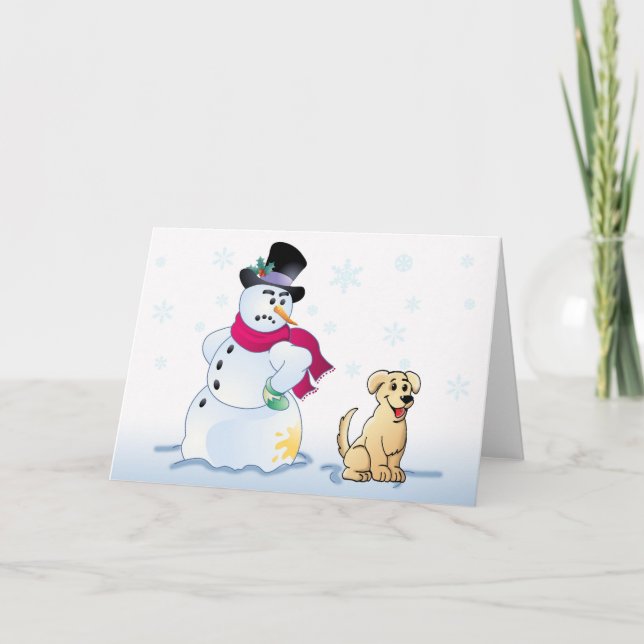 yellow Lab Pup and Snowman Holiday Card (Front)