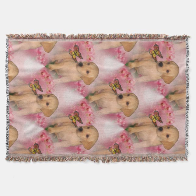 Yellow Lab Puppy Butterflies Dog Pattern Throw Blanket (Front)