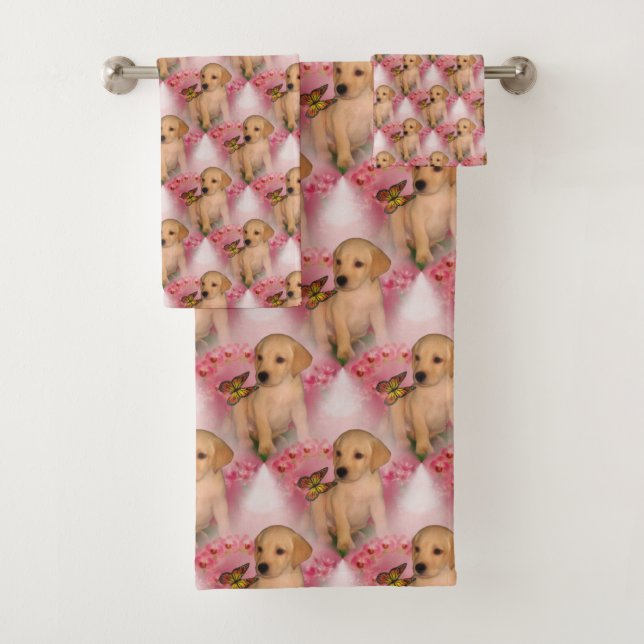 Yellow Lab Puppy Butterfly Animal Pattern   Bath Towel Set (Insitu)