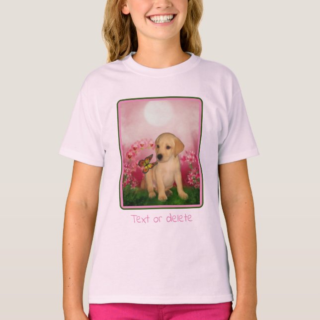 Yellow Lab Puppy Butterfly Lily Flowers Dog Art   T-Shirt (Front)