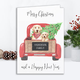 Yellow Lab Puppy Dog Merry Christmas Red Truck Holiday Card