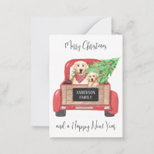 Yellow Lab Puppy Dog Red Truck Merry Christmas Card