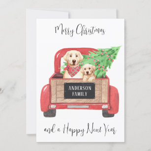 Yellow Lab Puppy Dog Red Truck Merry Christmas  Holiday Card