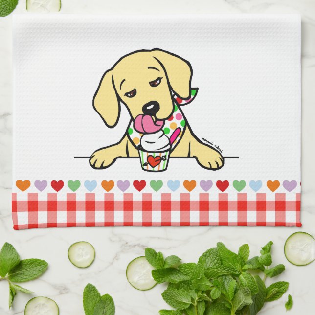 Yellow Lab Puppy Ice Cream Tea Towel (Folded)