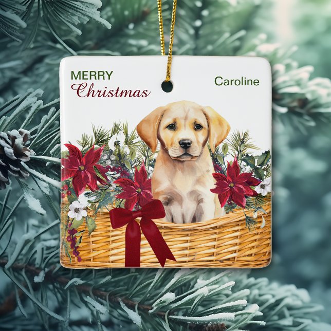 Yellow Lab Puppy Poinsettia Christmas Basket Ceramic Ornament (Creator Uploaded)