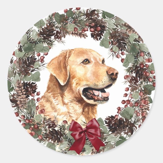 Yellow Lab Red Bow Pinecone Wreath Christmas Classic Round Sticker (Front)