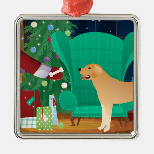 Yellow Lab Retriever Christmas Santa's Gift Metal Ornament (Front)