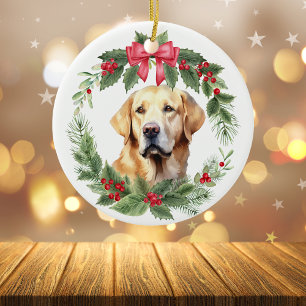 Yellow Lab Retriever Red Bow Holly Wreath Ceramic Ornament
