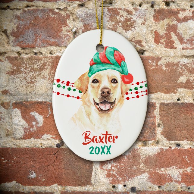 Yellow Lab Santa Hat Holiday String Beads Ceramic Ornament (Creator Uploaded)