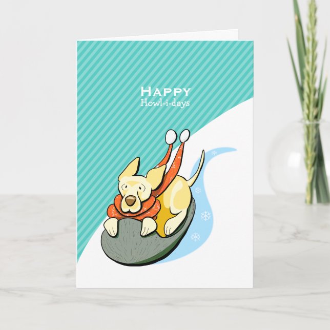 Yellow Lab Snow Sled Blue Modern Christmas Holiday Card (Front)