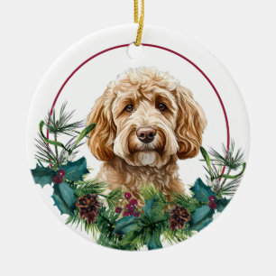 Yellow Labradoodle Dog Evergreen Wreath Ceramic Ornament