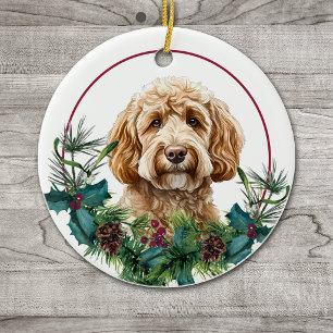 Yellow Labradoodle Dog Evergreen Wreath Ceramic Ornament