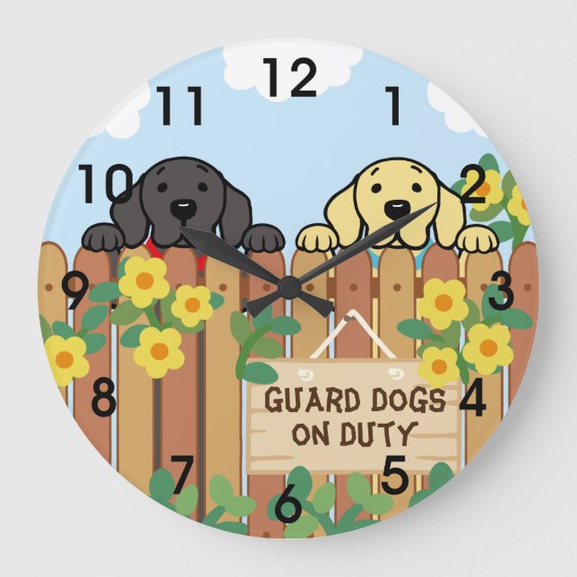 Yellow Labrador and Black Labrador Watching Large Clock (Front)