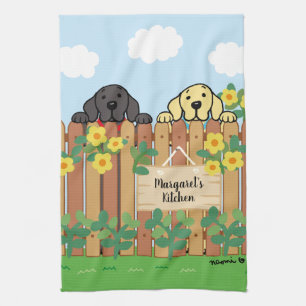 Yellow Labrador and Black Labrador Watching Tea Towel