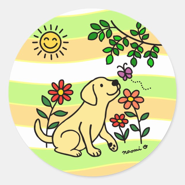 Yellow Labrador and Green Classic Round Sticker (Front)