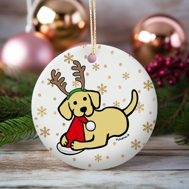 Yellow Labrador and Santa Christmas Cartoon Ceramic Ornament (Yellow Labrador Santa Christmas Ornament for Labrador Owners.  Personalized gift idea.)