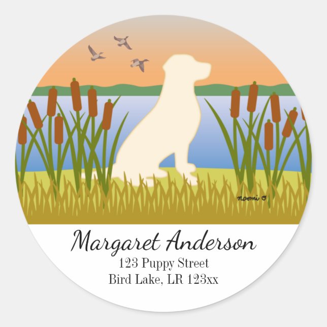 Yellow Labrador Bird Dog Sunset Address Classic Round Sticker (Front)