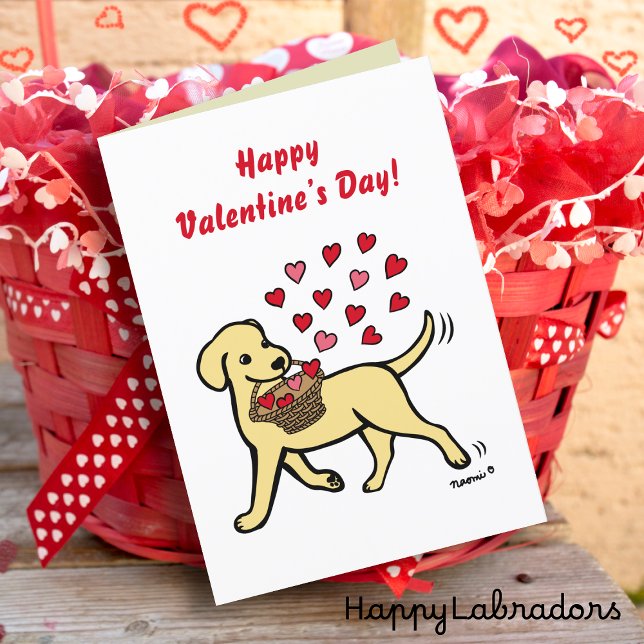 Yellow Labrador Carrying Hearts Valentine Holiday Card (Yellow Labrador Carrying Hearts Valentine Card for Labrador Owners.  Cute Cartoon Design.)