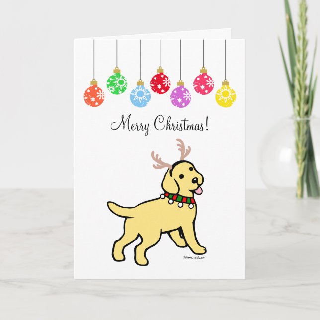 Yellow Labrador Christmas Antlers and Ornaments Holiday Card (Front)