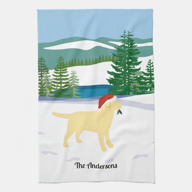 Yellow Labrador Christmas Evergreen Santa Hat Tea Towel (Vertical)
