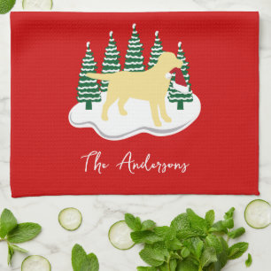 Yellow Labrador Christmas Evergreen Trees Tea Towel
