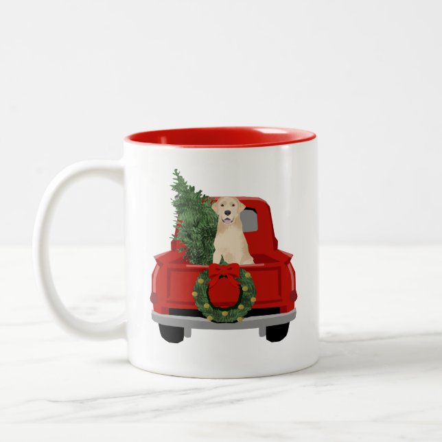 Yellow Labrador Christmas Truck Two-Tone Coffee Mug (Left)