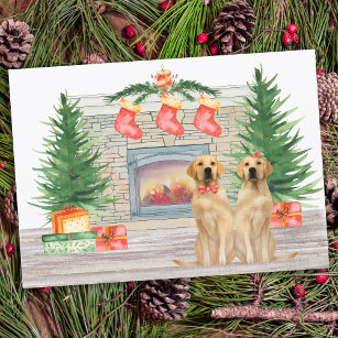 Yellow Labrador Dog Christmas Watercolor Fireplace Holiday Card