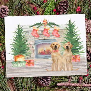 Yellow Labrador Dog Christmas Watercolor Fireplace Holiday Postcard