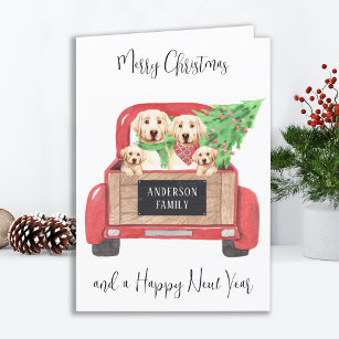 Yellow Labrador Dog Red Truck Merry Christmas  Holiday Card