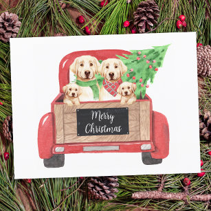 Yellow Labrador Dog Vintage Red Christmas Truck Holiday Postcard