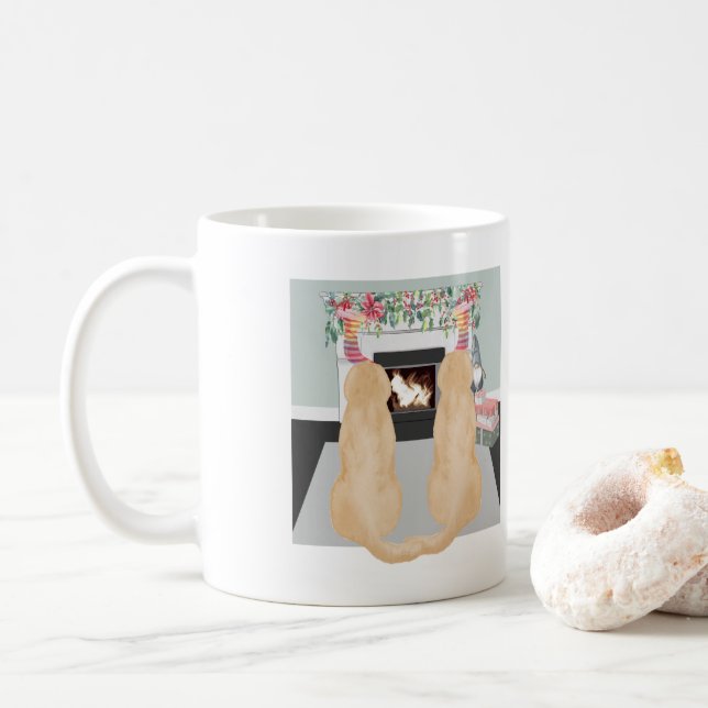 Yellow Labrador Dogs In Christmas Fireplace Scene Coffee Mug (With Donut)
