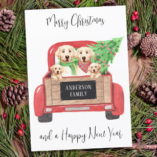 Yellow Labrador Dogs Red Truck Merry Christmas Card