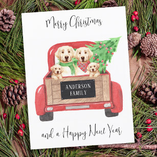 Yellow Labrador Dogs Red Truck Merry Christmas Holiday Postcard
