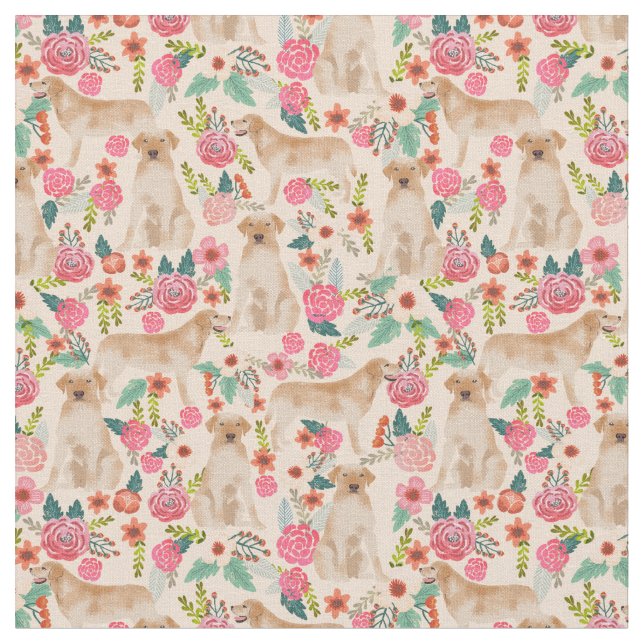 Yellow Labrador floral design peach Fabric (Close Up)