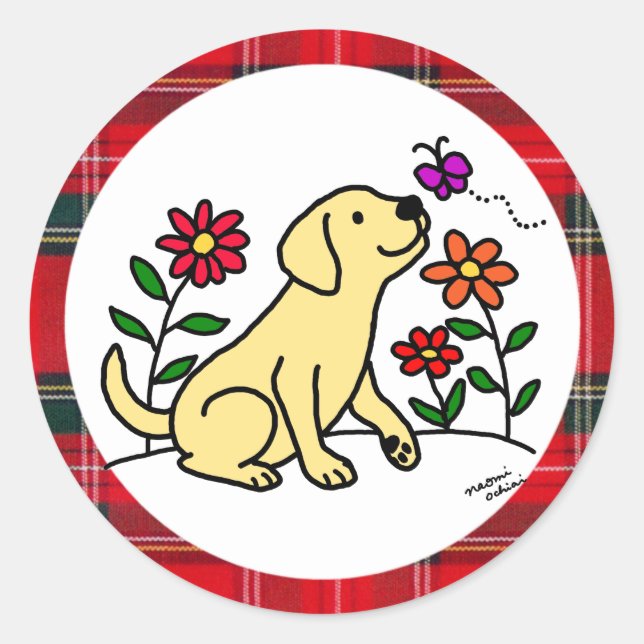 Yellow  Labrador & Green with Heart Classic Round Sticker (Front)